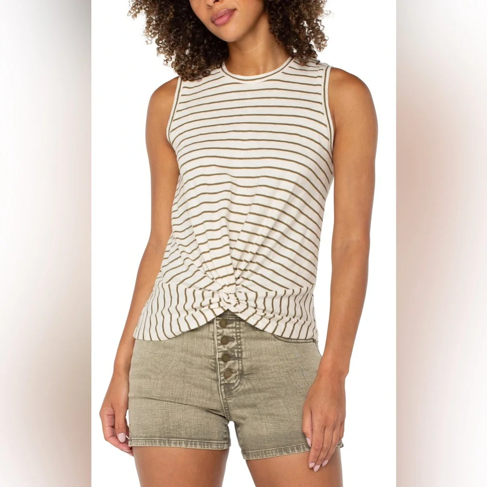 Liverpool Los Angeles Striped Twist Front Tank Top XL Olive Cream 100% Cotton - Picture 2 of 10